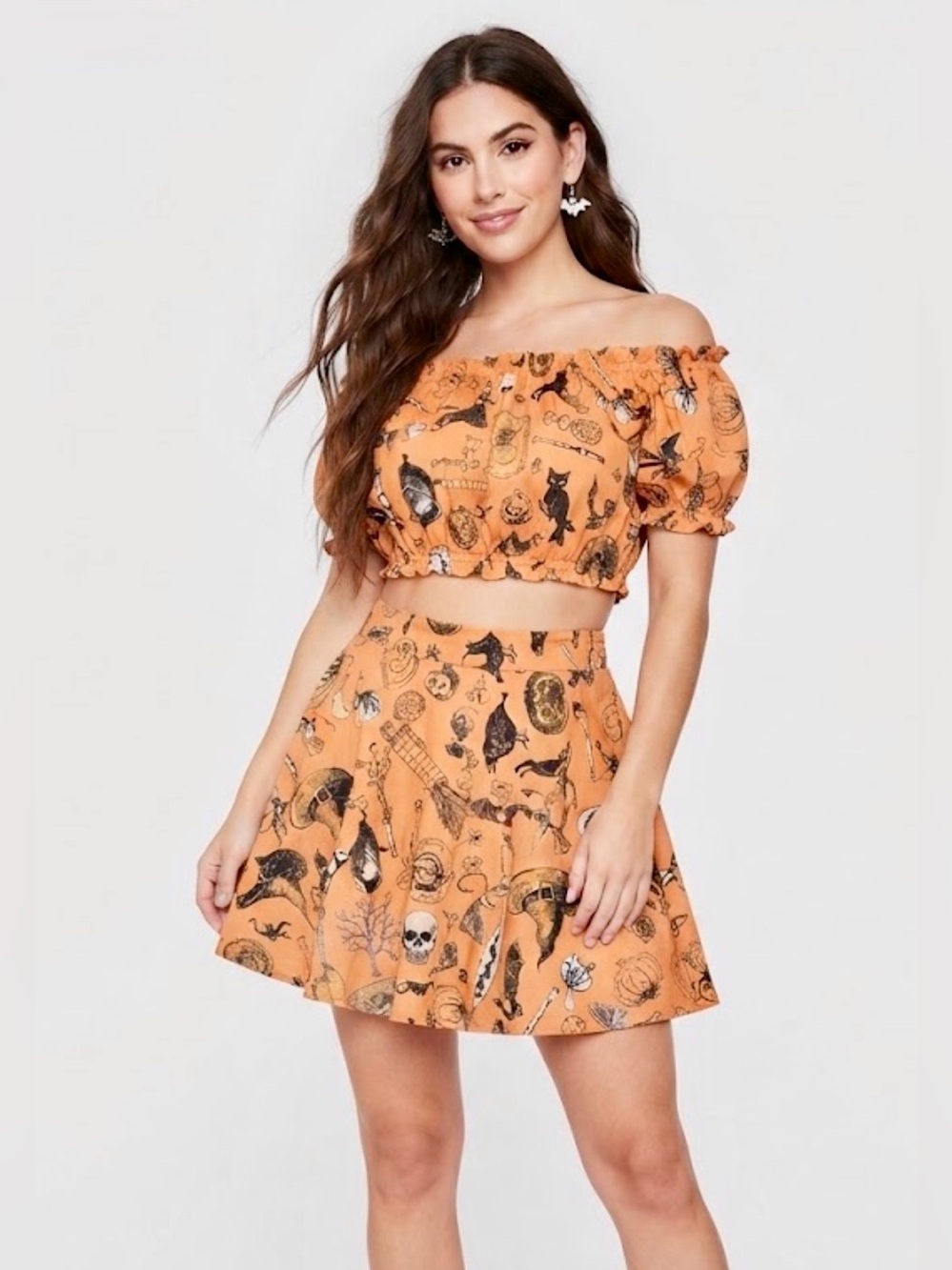 Halloween Spooky All-Over Print Skirt & Off-Shoulder Crop Top Set Orange Size L